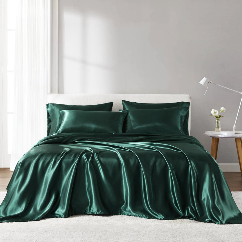 Ensemble de literie pour lit simple en satin - zone de confort infroissable, compatible avec un matelas de 16 po, 1 drap plat, 4 taies d'oreiller ajustées, sensation moelleuse, collection de draps froissés, s'adapte aux matelas