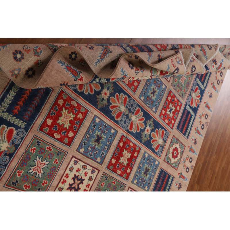 Tapis bleu / rouge / brun en laine noué à la main de conception unique 6 pi 8 po x 9 pi 11 po New Age
