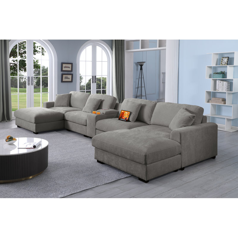 7 Piece Upholstered U-shape Sectional with Cup Holders & Charging & Storage, Light Gray Polyester