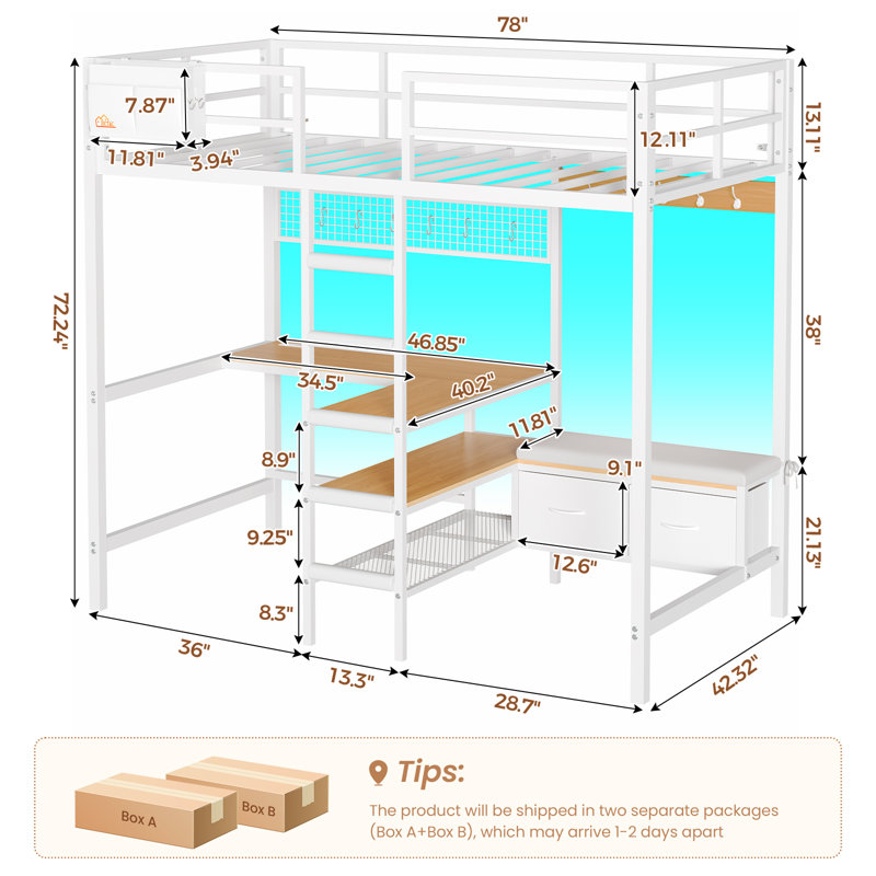 Loft Bed Twin Size With L-shaped Desk, Led Lights And Charging Station Twin Metal Tall Bed Frame With Storage Shelves,hall Tree Shoe And Bench With 2 Storage Drawers,safety Guard & Stair,