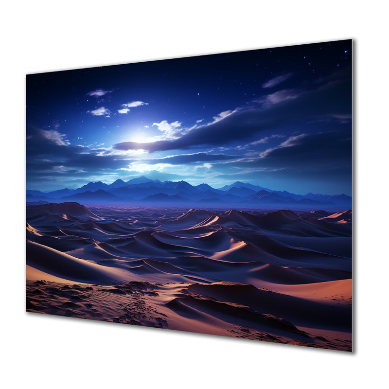«Blue Nocturnal Desert Dunescape Sunset», art mural en métal, H 16 po x l 32 po x P 1 po