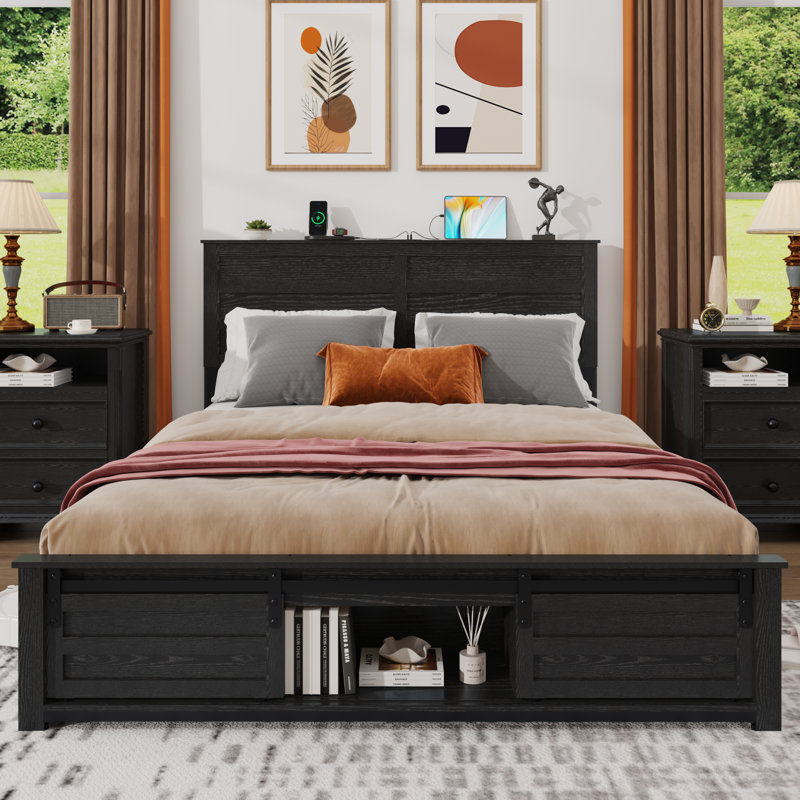 Farmhouse Wood Bed Frame, Sliding Barn Door Footboard Storage Cabinets,Including Charging Stations And LED Lights, Full