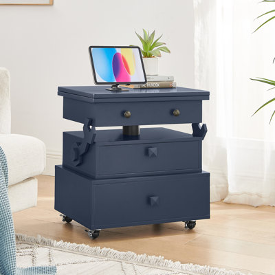 Table de bout roulante à hauteur ajustable laquée ultrabrillante avec station de charge et roues universelles avec freins, table à plateau relevable multifonctionnelle avec tiroirs de rangement pour la chambre à coucher du salon