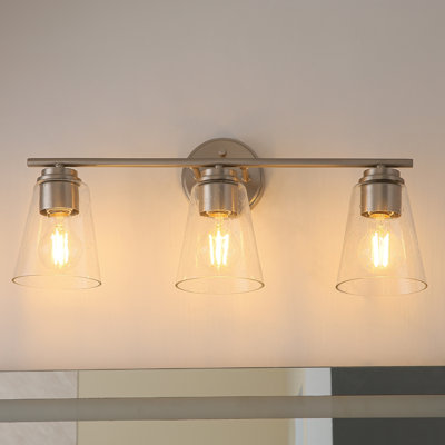 Éclairage pour salle de bain 3 lumières avec abat-jour en verre transparent, finition nickel brossé, douille E26, homologué Cetl pour salle de bain, chambre à coucher, meuble-lavabo