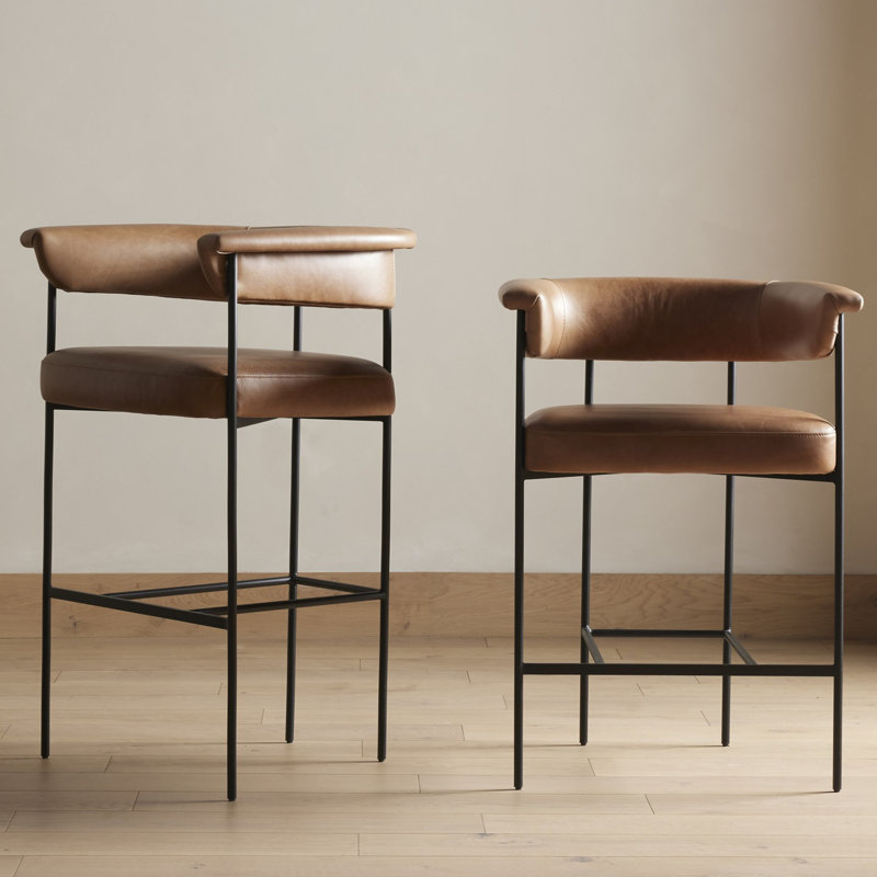 Carrie Upholstered Bar Stool with Metal Frame, Chaps Saddle Genuine Leather, Solid, Bar Stool (30.5" Seat Height)