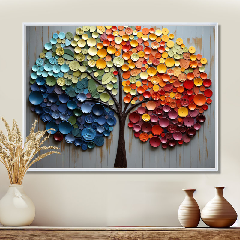 Art mural coloré arc-en-ciel coloré 4 saisons - Arbres, Cadre flottant blanc, H 16 po x l 32 po x P 1 po