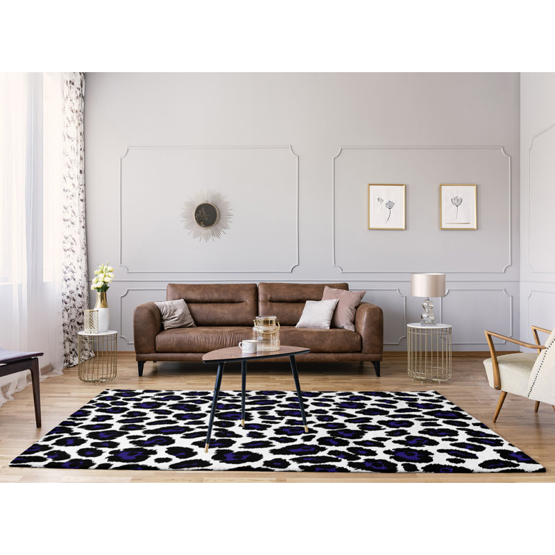 Blanc imprimé animal/noir/mauve Tapis décoratif, Rectangle 5 pi x 7 pi