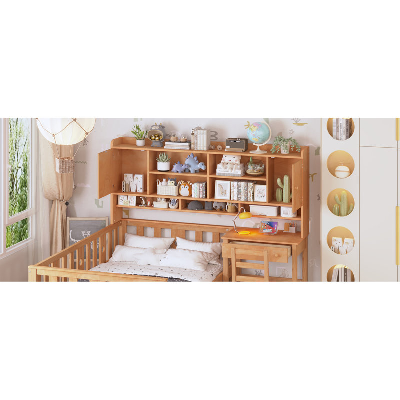 Lit simple en bois naturel avec configuration de production: bureau intégré, bibliothèque et chaise, Naturel