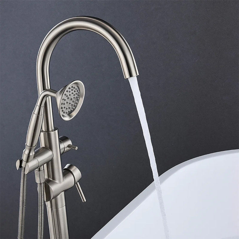 Freestanding Floor-mount Tub Filler With Hand Shower, Round Design, 2-handle, Brushed Nickel