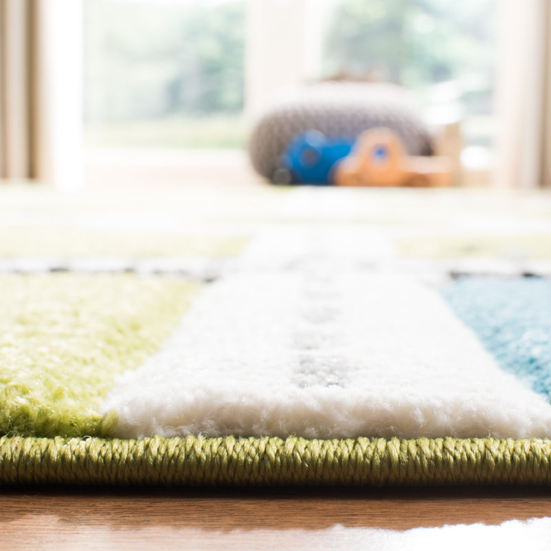 Green and Ivory Round Kids Train Track Area Rug