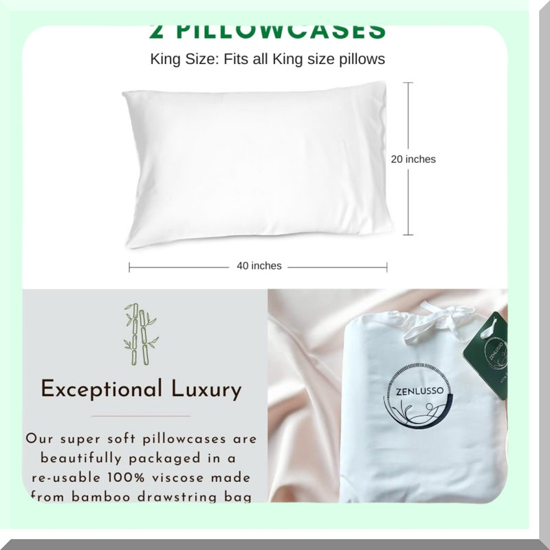 Rayon From Bamboo Cool Pillowcase Set - 2 Pack, Cooling & Luxuriously Soft, Envelope Closure, 300 Thread Count White, Hypoallergenic, Breathable Fiber