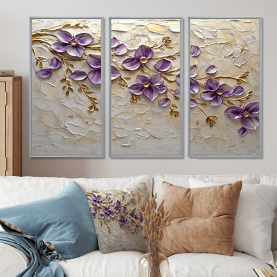 Purple Lilac Golden Flowers Melody I - Lilacs Wall Art Living Room Set