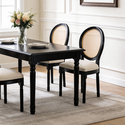 French Country Dining Chairs Set of 2, Upholstered Chairs with Rattan Round Back