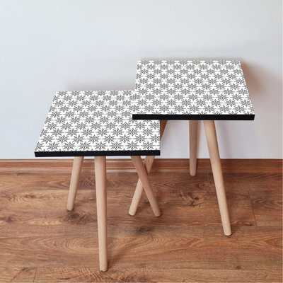 Modern Nesting Table Set (2 Pieces), Black & White Geometric Design, 13.8 x 18.5 x 13.8 in | 100% MDF with Beech Wood Legs, Elegant & Space-Saving Solution for Living Room & Office, Stylish & Functional Decor
