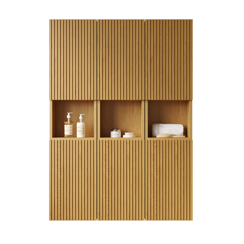 Étagère murale 41 po pour salle de bain - 6 armoires avec portes en contreplaqué de couleur chêne - et pour plusieurs espaces de rangement fonctionnels