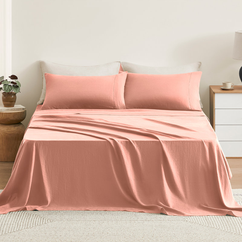 TOSMO Pure Linen Sheets, Queen Sheet Set with 2 Pillowcases, Pink