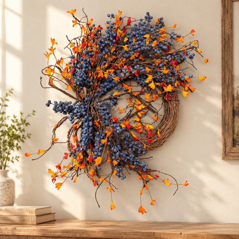 Couronne de brindille d'automne artificielle 24 po avec feuillage et baies pour décoration de l'Action de grâce