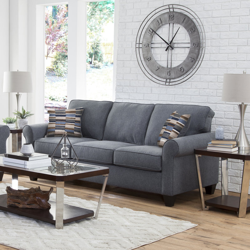 Blue Linen Rolled Arm Sofa with Removable Cushions