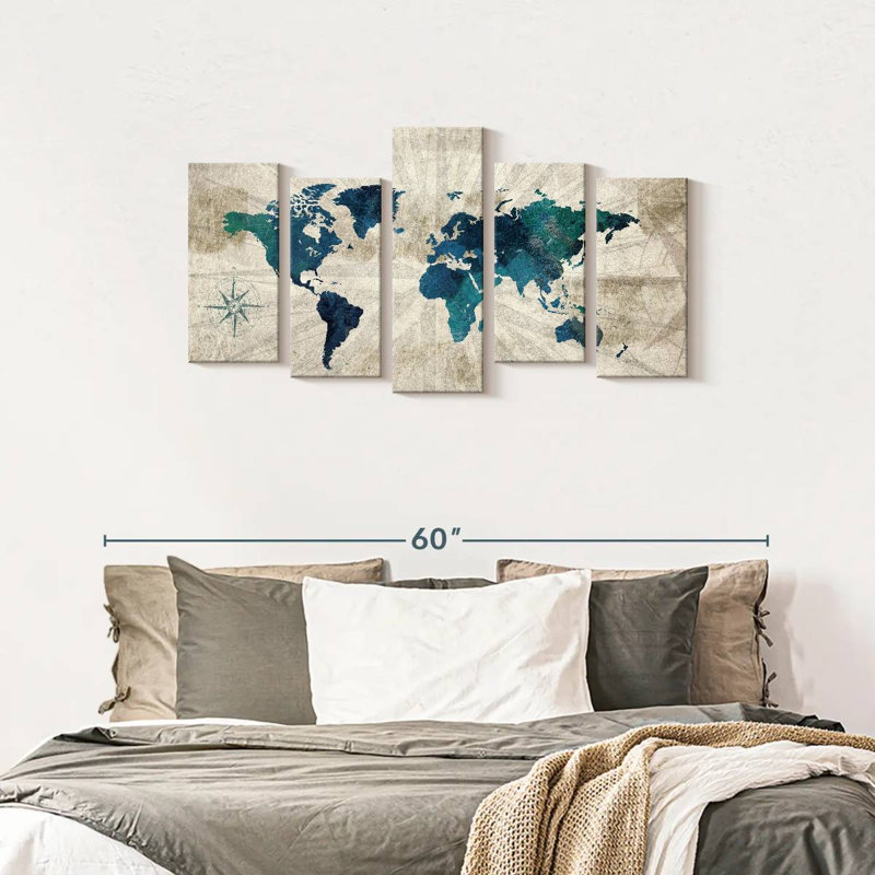 «World Map Aged World Map I» sur toile 5 pièces par Tess P, H 24 po x l 49 po x P 1,25 po