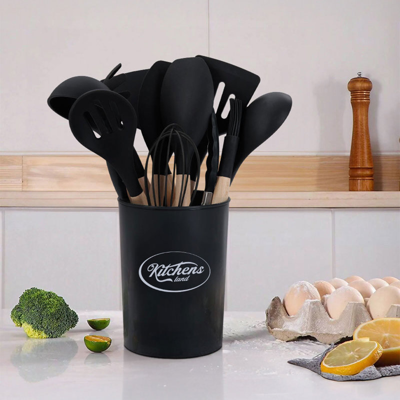 17 Stories 12 Piece Cooking Utensil Set with Utensil Crock, Black