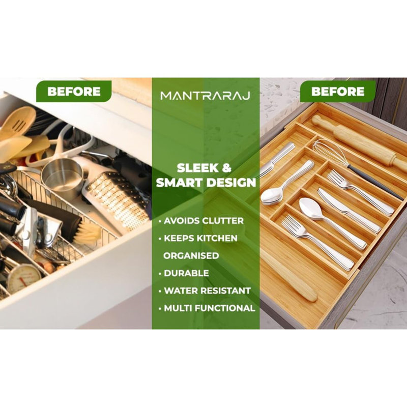 MantraRaj Drawer Organiser Expandable Bamboo Cutlery Tray Kitchen Drawer Divider 7 to 9 Compartment