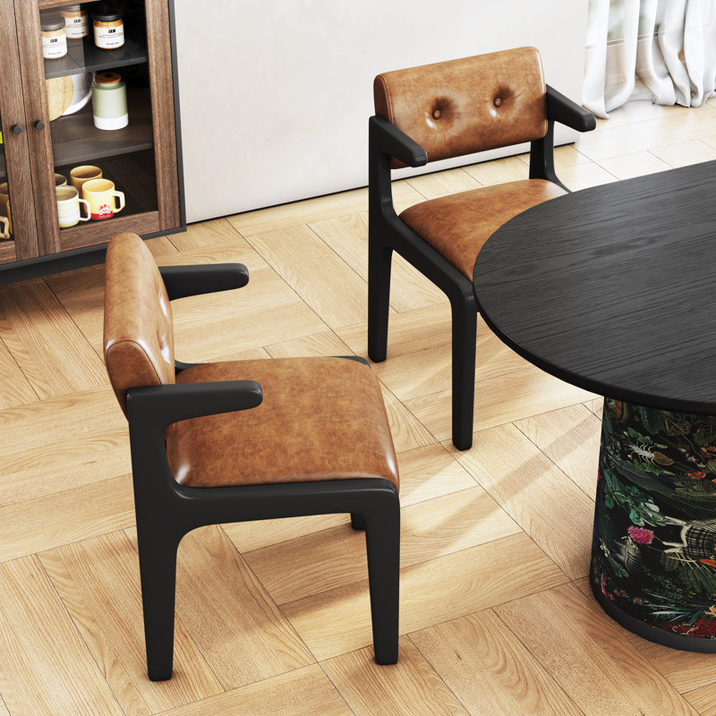 Chaises de salle à manger rembourrées en similicuir brun (ensemble de 2) avec pieds en bois noirs