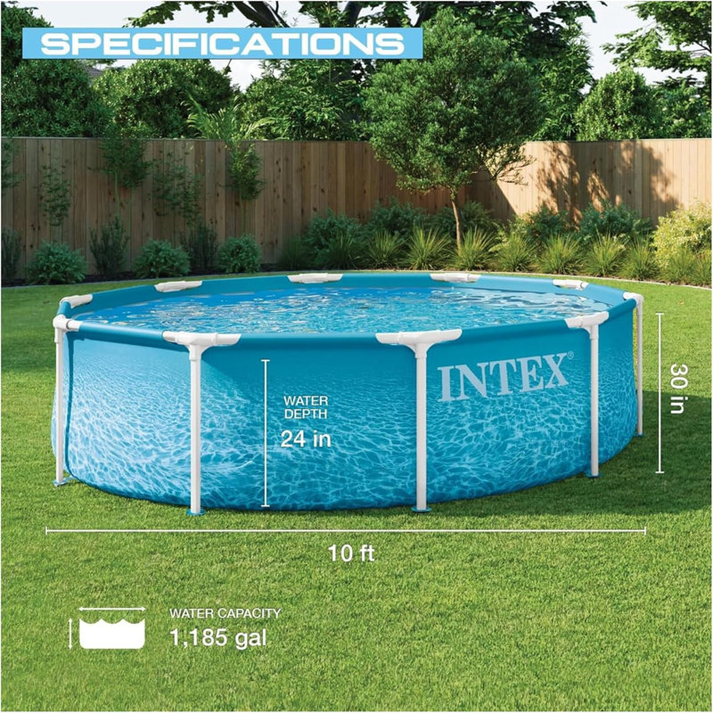 Intex: Beachside Metal Frame Pool & Pump - 10' x 30" - Above Ground Swimming Set, 330 GPH, Puncture-Rust Resistant, T-Joint Setup, 1185 Gal, 28207EP