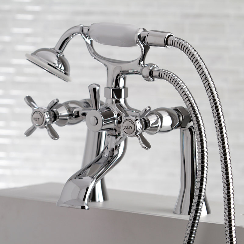 Kingston Brass Essex Three-Handle 2-Hole Deck Mount Clawfoot Tub Faucet with Hand Shower, Chrome