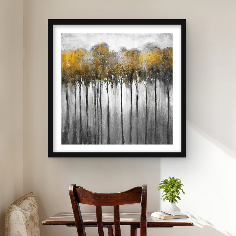 Abstract Yellow Forest - Grey Contemporary Framed Print, 24" H x 24" W, Black
