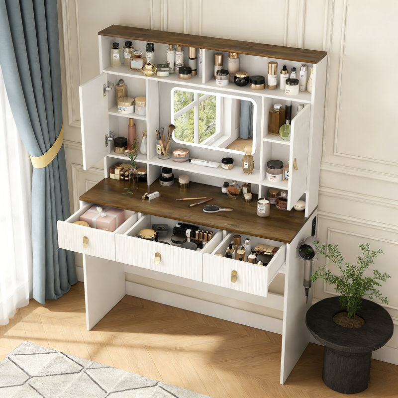 Farmhouse Dressing Table Makeup Table with Lighted Mirror and Makeup Drawer