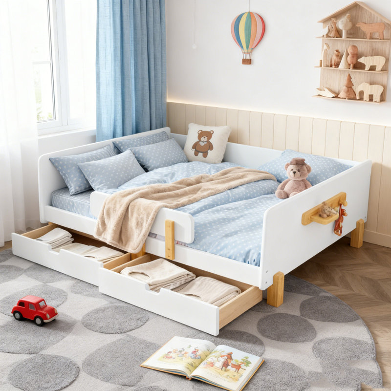 Lit plateforme avec tiroirs de rangement, structure de lit en bois massif avec garde-corps, petite tablette et crochets