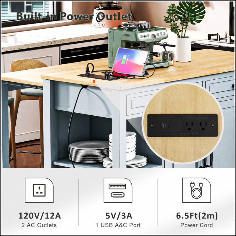 47 Inch Extendable Kitchen Island With Storage, Power Outlet, And Mobile Design For Modern Kitchens, Blue Gray