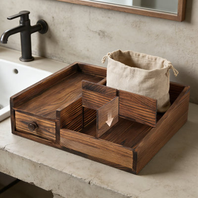 Solid Wood Bathroom Countertop Organizer With Adjustable Compartments And Drawer - Perfume, Cologne, And Grooming Essentials Storage For Men