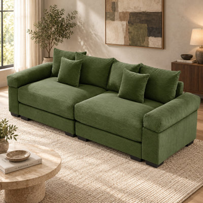 Canapé d'angle modulaire surdimensionné en velours côtelé, assise profonde avec larges accoudoirs rembourrés, vert, 2 places, sans pouf