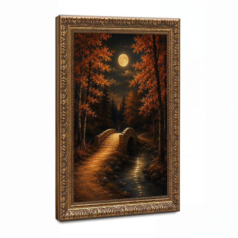 «Stone Bridge Over Stream Moonlit Autumn Forest», art mural sur toile, H 24 po x l 16 po