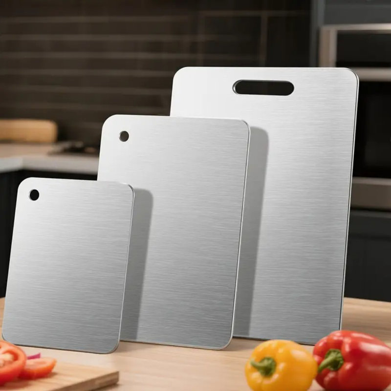 3 planches à découper en acier inoxydable de 3 tailles, surface en titane robuste pour la sécurité de la cuisine, planche de cuisine en acier inoxydable à double face de qualité alimentaire, planche à découper résistante à la rouille et au lave-