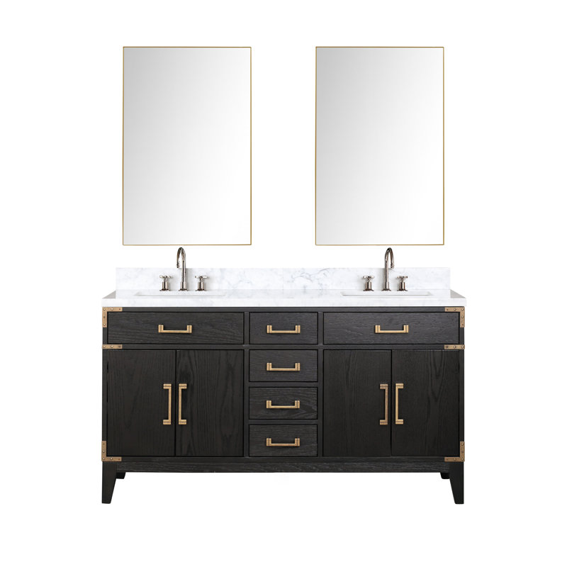 Ensemble de miroirs de salle de bain double 60 po x P 22 po avec robinet Laurel, Chêne noir, Marbre de Carrare blanc