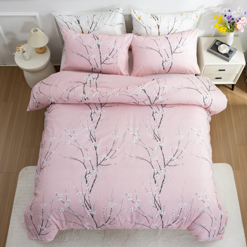 Microfiber Comforter Set, Pink Floral, Full Comforter + 4 Additional Pieces