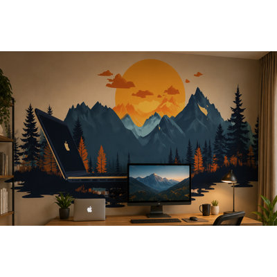 Autocollant mural montagne pour bureau, décoration murale forêt au coucher du soleil, décoration pour espace de travail avec ordinateur portable, art mural nature pour bureau à domicile, décoration chalet moderne 732MV