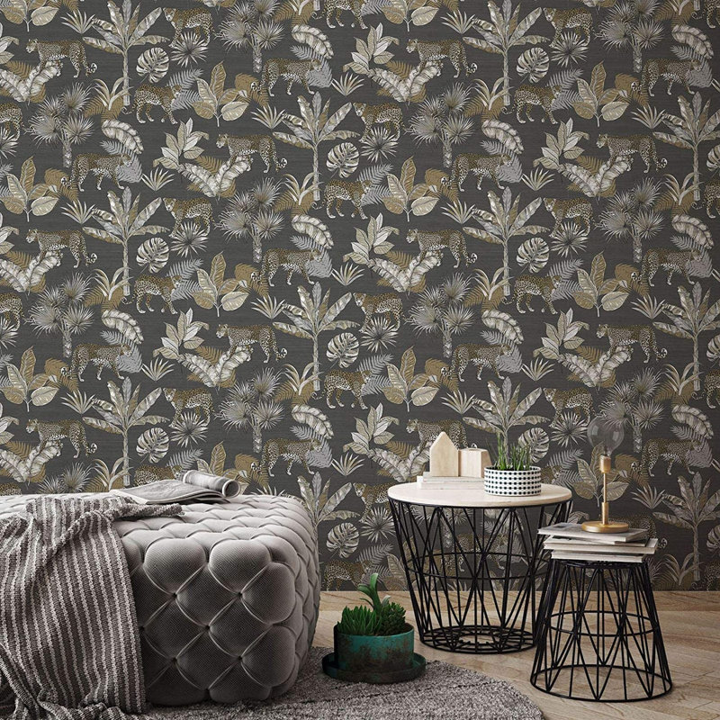 Jungle Fever Leopard 10.05m x 53cm Textured Matte Wallpaper Roll, Charcoal