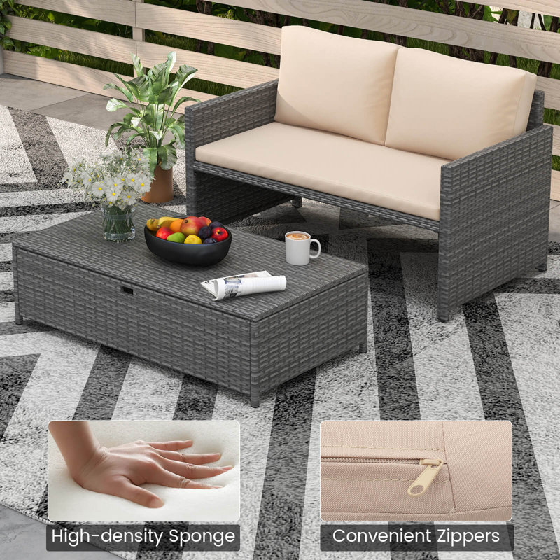 2 Pcs Patio Loveseat With 31 Gal Multifunctional Storage Ottoman And Soft Cushions