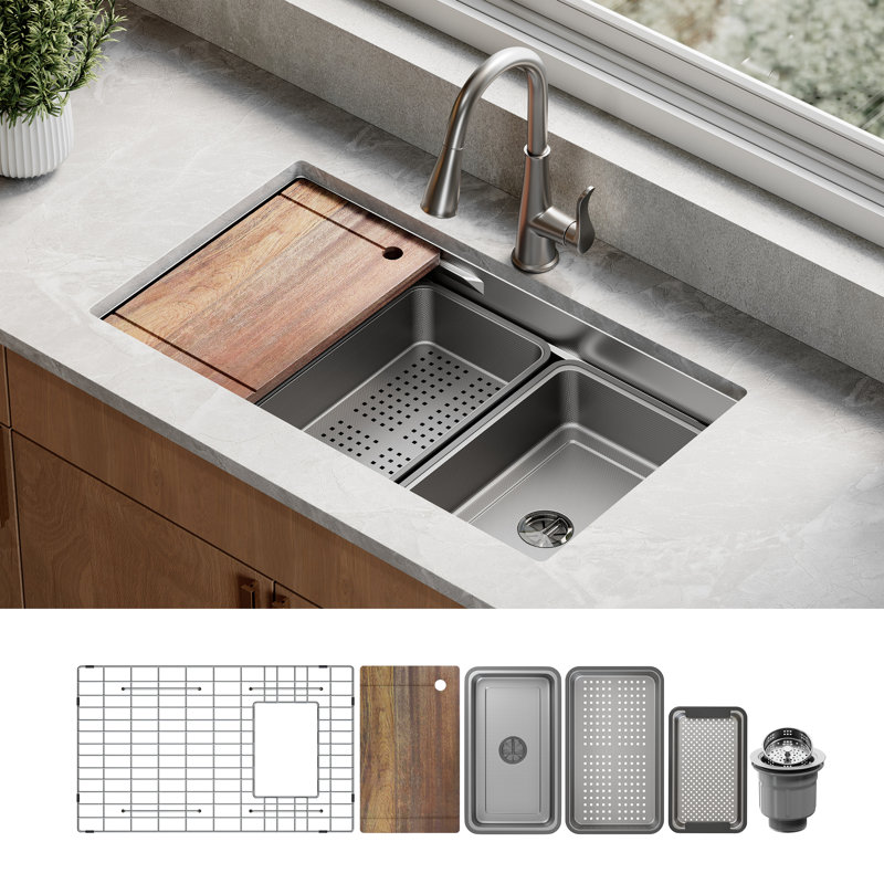 Évier de cuisine en acier inoxydable à une cuve encastré à simple cuve micro-texturée avec accessoires ArmorClean