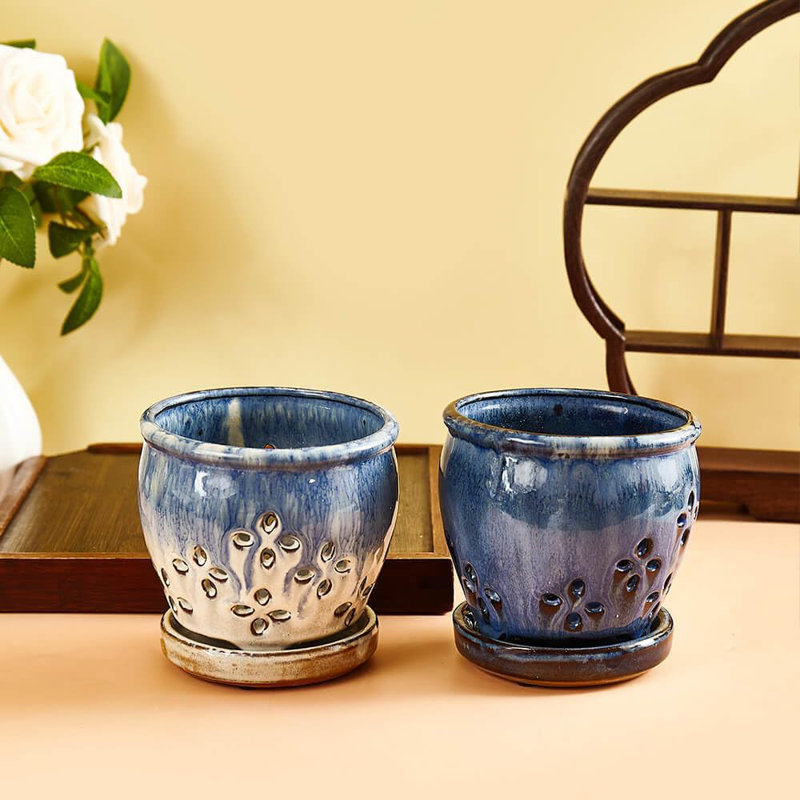 Ensemble de 2 pots à orchidées avec soucoupes attachées 