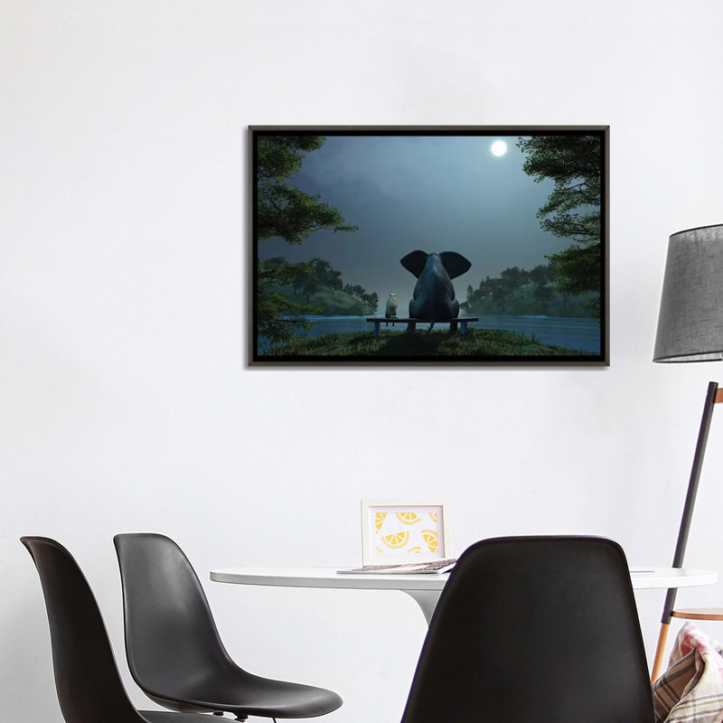 Éléphant et chien la nuit d’été, Encadrement en bois foncé rustique, Pas de tapis, H 26 po x l 40 po x P 1,5 po