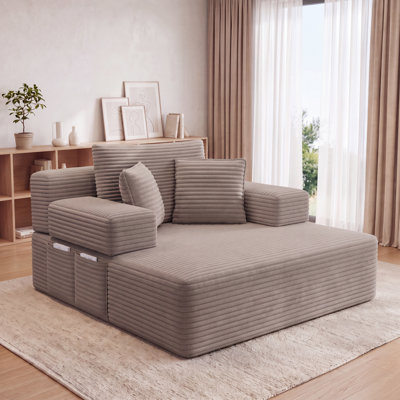 48.5" Corduroy Chaise Lounge Full-Size Upholstered Sleeper Sofa Bed With 2 Pillows And Side Pockets - No Assembly Required