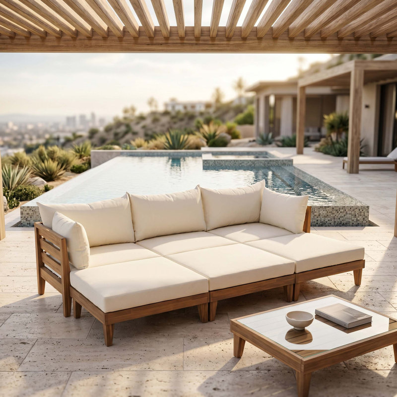 Ensemble modulaire d'extérieur modulaire en bois d'acacia avec coussins épais pour un salon de patio flexible et un confort durable.