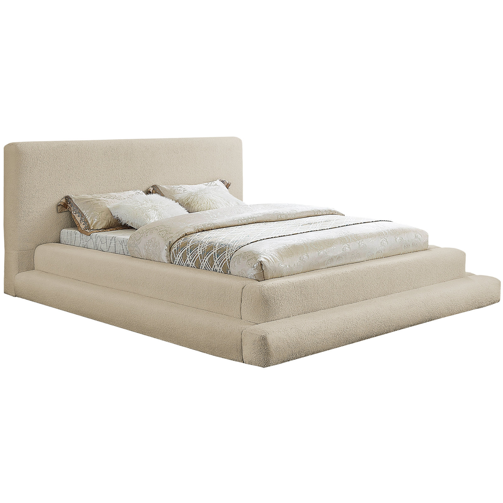 Hoffarth Upholstered Bed, Beige Faux Shearling Teddy Fabric, King
