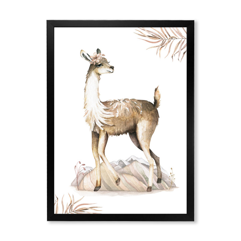Joli dessin de tête de lama pour les enfants - III, H 20 po x l 12 po x P 1 po, Impression noire sur toile encadrée