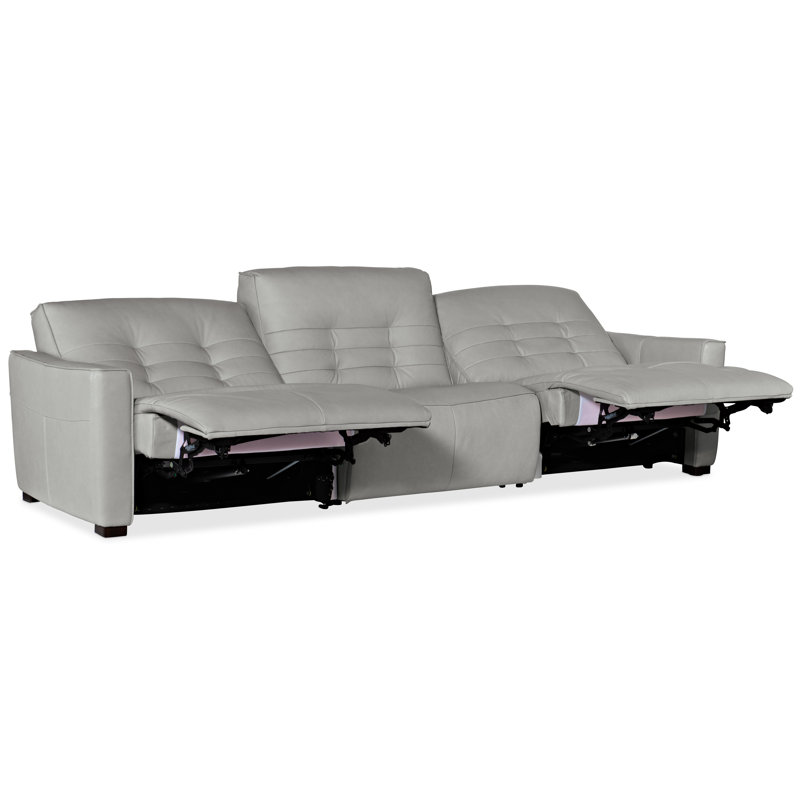 Gray Tufted Leather Reclining Sofa with Track Arms and Nailhead Trim