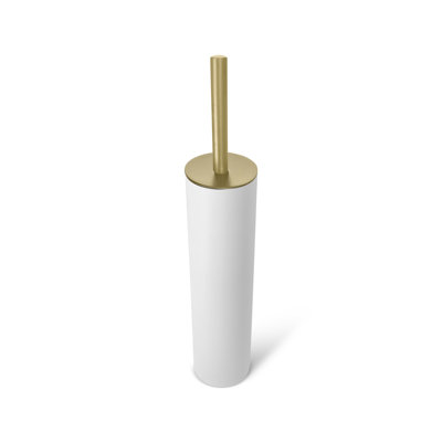 Slim Round Holder, Metal  Removable Plastic Liner Tall  Bathroom Toilet Brush, Matte White and Gold